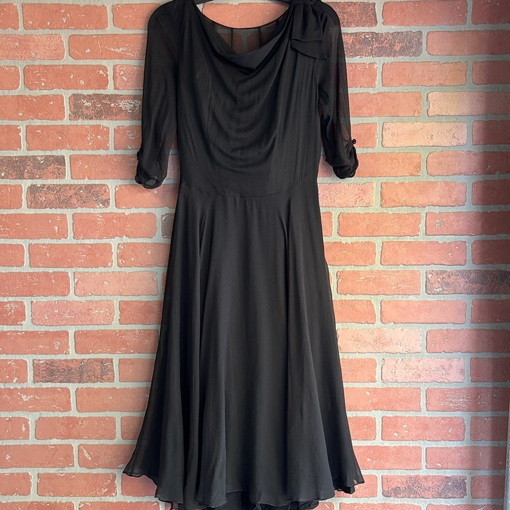 Kornhauser luxurious Vintage 1950s Elegant Black Silk/Chiffon Dress with Bow - Picture 2 of 8
